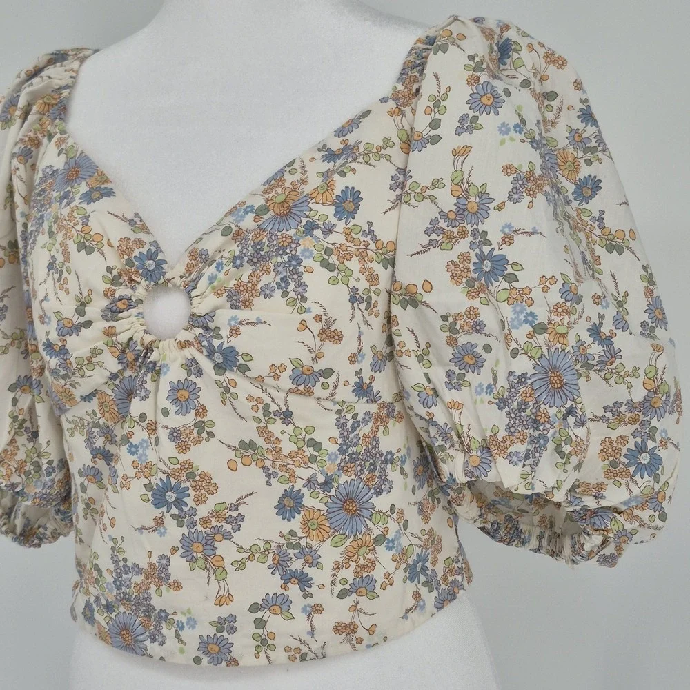 Abercrombie &‎ Fitch Floral Puff Sleeve Poplin O-Ring Crop Top Blouse Women's M